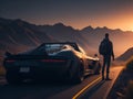 Man stands proudly next to his sleek sports car, the perfect contrast to the breathtaking beauty of the mountainous landscape in