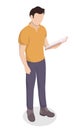 Man stands and reads a book. Isometric education hobby concept vector