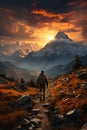 a man stands on a rock and looks at a beautiful landscape, mountains and a valley with a river, a dramatic sky at sunset Royalty Free Stock Photo