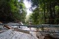 Man stands on rock on a top of waterfall with a danger sign which warns of danger. Danger activity. Royalty Free Stock Photo