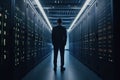 A man stands in a server room, a system administrator. AI generative Royalty Free Stock Photo