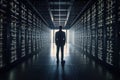 A man stands in a server room, a system administrator, an IT specialist. AI generative Royalty Free Stock Photo