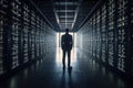 A man stands in a server room, a system administrator, an IT specialist. AI generative