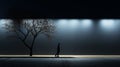 Intermission: A Minimalistic Night Photography Image Of A Man Walking With A Tree