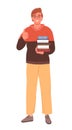 Man stands with stack of books and shows thumbs up. Education hobby concept