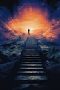 A man stands on the steps of a staircase leading to the sky, AI