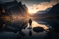 Man Stands Tall And Proud On The Stepping Stone In The Middle Of The Lake And Looks At The Mountains - Generative AI