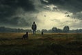 A man stands on top of a field, next to a dog, Two hunters and a dog walk a field, AI Generated Royalty Free Stock Photo