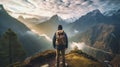 A man stands on on top of the mountain looking at beautiful view in the morning. Generative AI Royalty Free Stock Photo