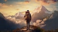 A man stands on on top of the mountain looking at beautiful view in the morning. Generative AI Royalty Free Stock Photo