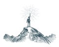 Man stands on top of mountain with torch in hand. Business, achieving goal, success, discovery concept. Sketch vector