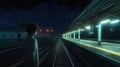A man stands on a train platform at night. Anime background, anime wallpaper Royalty Free Stock Photo