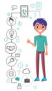 Man stands uses smartphone, browsing or chatting, texting or watching videos. Mobile app icons set