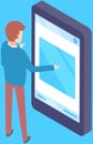 Man stands uses smartphone, browsing or chatting, texting or watching videos. Person with cellphone