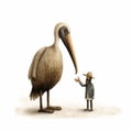 Whimsical Artwork: Pelican Conversing With A Boy In A Comical Style