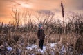 A man stands in winter on the background of frozen reeds