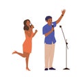 Man standup comedian artist and elegant woman singer cartoon young people characters with microphone