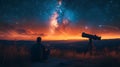 Man stargazing with telescope, sunset, mountaintop, Milky Way Royalty Free Stock Photo