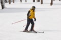 Man starting to learn how to ski. Winter sport.