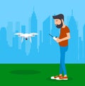 Man starts the drone flat style a illustration. Royalty Free Stock Photo