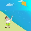 A man starts a kite by the sea on a sunny hot day