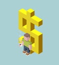 Man stay with giant dollar sign, isometric cubes composition. Financial success, valuable employee, savings, deposit, big profit c