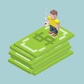 Man stay on giant dollars, isometric cubes composition.