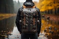 A man stays near lake in forest with backpack, rear view, blurred background, solo travel concept