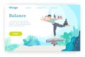 Man stays on a stack stones and balancing. Yoga, meditation and buddhism concept. Vector web site design template