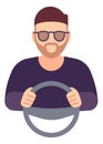 Man with steering wheel. Driver avatar. Chauffeur character