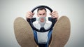 Man with a steering wheel, front view. Driver car concept