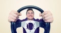 Man with a steering wheel, front view. Driver car concept Royalty Free Stock Photo