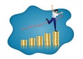 Man step up on increasing columns of gold coins. Financial chart up. vector illustration Royalty Free Stock Photo