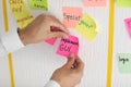 Man with sticker near scrum task board in office Royalty Free Stock Photo