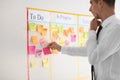 Man with sticker near scrum task board in office Royalty Free Stock Photo