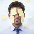 Man, sticky note and face for business stress as schedule reminder or list for meeting, deadline or brainstorming. Male Royalty Free Stock Photo