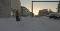 Man stocker shooting 360 Video of winter Rovaniemi, Finland