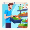 Man stocking refrigerator shelves healthy fresh produce. Young adult beard smiling