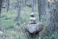 Man of stones stands by the wayside in a forest