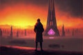 The man stood in the desolate city, surrounded by strange, futuristic structures. illustration painting