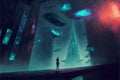 The man stood in the desolate city, surrounded by strange, futuristic structures. illustration painting