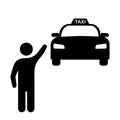 Man Stopping Waving Hand at Taxi Cab Car. Black Illustration Isolated on a White Background. EPS Vector Royalty Free Stock Photo