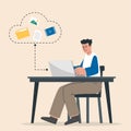 Man storing data on cloud server. Digital platform for backup saves. Store drive, data library, document archive. Cloud storage