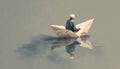 Man Stranded On A Tiny Paper Boat Slowly Sinking In Water - A Desperate Situation For The Lone Royalty Free Stock Photo
