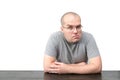 Man with strange face expression isolated on white background