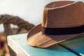 Man straw hat on a blue wooden table Royalty Free Stock Photo