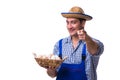 The man with a straw hat and eggs Royalty Free Stock Photo