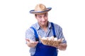 The man with a straw hat and eggs Royalty Free Stock Photo