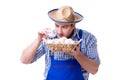 The man with a straw hat and eggs Royalty Free Stock Photo