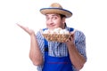 The man with a straw hat and eggs Royalty Free Stock Photo